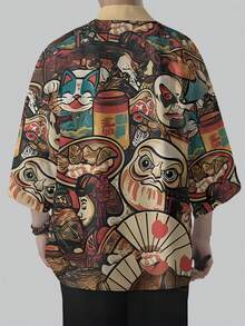 Men's Casual Fashionable Cardigan Kimono Print Top, Clothing - Orange - View 2