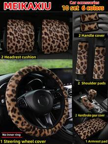 MEIKAXIU Winter Plush Rabbit Fur Coffee, Pink, Gray, White, Purple, Leopard Print Car Accessories Set, Including Steering Wheel Cover, Handbrake Cover, Gear Shift Cover, Armrest Pad, Headrest Cover, Handgrip Cover, Shoulder Pad, Suitable For Women - Leopard Print Plush - View 34
