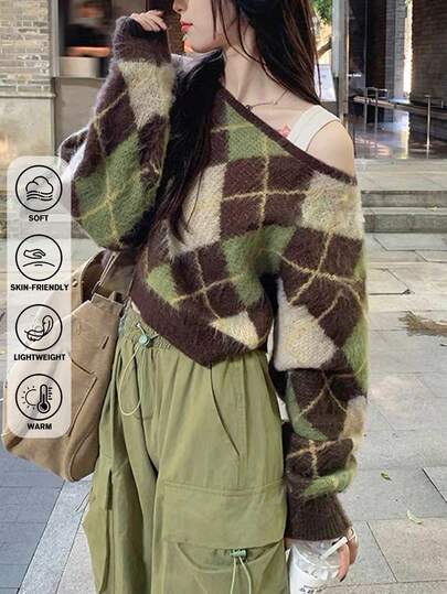 JIANHU Wiosenny nowy sweter w kratę vintage, luźny, swobodny design z odkrytymi ramionami, miękki i wygodny, uniwersalny top z dzianiny, stylowy, wyszczuplający, elegancki damski styl