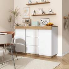 Chest Of Drawers With 3 Drawers And 2 Doors, Locker, Storage Function, For Bedroom And Living Room, E1 Chipboard, White+Oak - 白色 - 查看 3