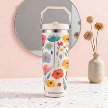 1pc 30oz/900ml Colorful Floral Pattern Stainless Steel Insulated Tumbler, Large Capacity Handled Water Bottle With Straw, Suitable For Travel, Outdoor, Gym, Office, Home, All Seasons, Great Gift For Friends, Family, Holidays (With Straw)