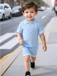 Bhchntiy 2pcs Baby Boy Summer Polo Collar Jacquard Solid Color Top And Shorts Casual Fashion Set - Blue - View 3