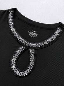 ChicMe 女士修身罗纹上衣，饰有水钻，钥匙孔水滴领长袖，时尚叠穿衬衫，适合派对和夜店穿着 - 黑色 - 查看 5