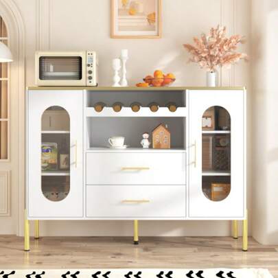 White Sideboard With Glass Doors And Wine Rack – Ideal For Dining Room And Living Room – Adjustable Legs – Ample Storage Space And Modern Design