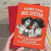 Sister-Themed Adult Humorous Card - "Crazier Little Sister Behind Big Sis" Retro Greeting (With Envelope) - Multicolor - View 2