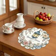 1 pieza/Set Manteles individuales florales de lino con linterna y flor para Ramadán, decoración de mesa de cocina y comedor redonda de 38cm para temporada, decoración del hogar, para fiestas, reuniones y comidas familiares - Multicolor - Ver 5