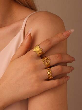 MESTILO Set de 3 anillos asimétricos de acero inoxidable de 18K con cadena con letra B, de moda y delicados, adecuados para uso diario y como regalo para novio/novia