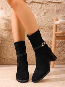 2025 Autumn/Winter New Chunky Heel Round Toe Short Boots, Casual Versatile Retro Fashionable Comfortable Zipper Ankle Boots For Petite Women - Black - View 4