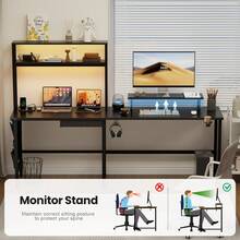 HLONONE Escritorio esquinero reversible para ordenador con iluminación LED y toma de corriente, 150/170 x 100 cm, con compartimentos de almacenaje y cajón. Incluye soporte para monitor y estante. Conjunto en forma de L con 2 escritorios y compartimento de almacenaje. Disponible en 4 colores. - Negro - Ver 2