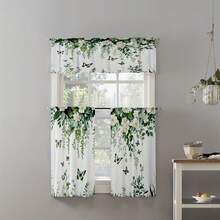 2 Panel 28"X40"/1 Panel 18"X60" Kitchen Curtain Sets,Retro Green Leaves, White Flowers, Butterfly Pattern Print Curtain Set, Rod Pocket Valance Curtain Tier, Window For Kitchen Cafe Living, Home Decor - phong cách-1 - Xem 6