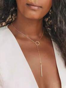 YUNCHUN 1pc Summer Niche Gold Round Ring Vertical Bar Pendant Necklace, Minimalist Elegant Commuter Collarbone Chain - Gold - View 3
