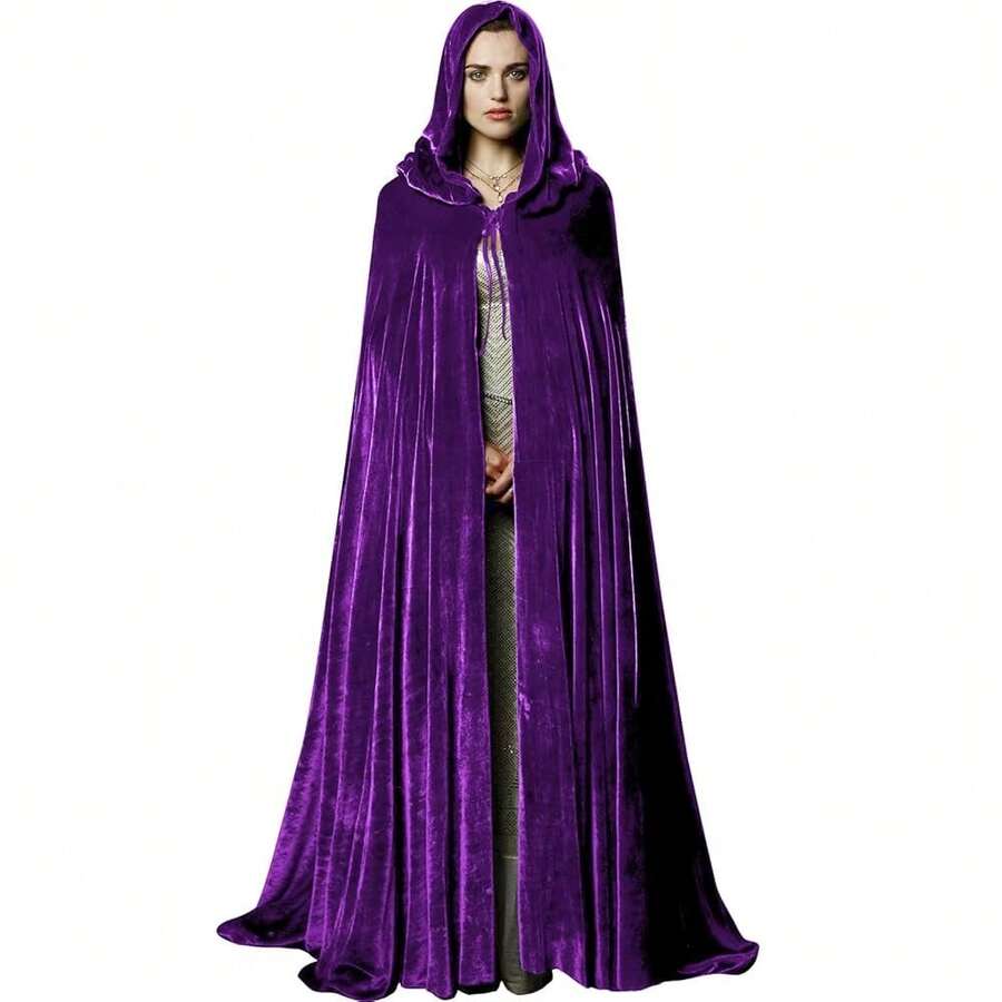 Unisex Adult Black Witch Cape Full Length Hooded Robe Cloak Halloween Dress Up Parties{"Color_name":"Purple-1"} - 紫色的 - 查看 1