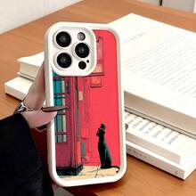 Cubierta de telefono para iPhone con borde negro diseño de gato con sombrero en fachada roja estilo urbano elegante para uso diario y trabajo - Burdeos - Ver 4