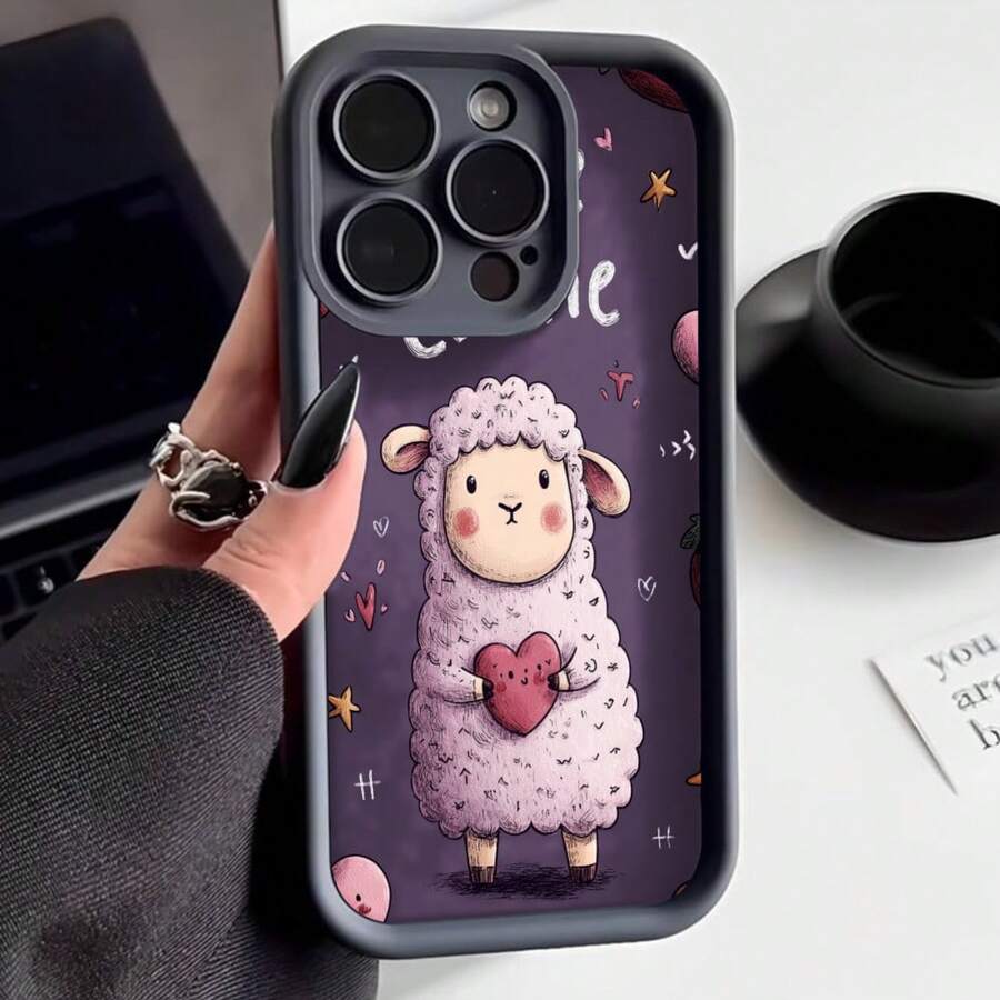 Cubierta de teléfono con borde protector color gris oscuro diseño de oveja con corazón rosa y estrellas para uso diario y regalo - Café integral - Ver 1