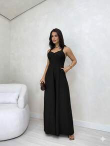 Long, Sensorial Jumpsuit With Wide Legs, Straight Neckline, And Medium Straps. - 黑色 - 查看 2