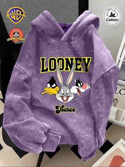 Warner Bros LILL, Winter Women's Rabbit Bags Pattern Hoodie Top, Slightly Stretchy, Washed And Worn Cotton Purple Pullover Long Sleeved Sweatshirt, Soft And Comfortable, Casual Daily With Fleece Hoodie