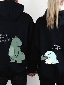 1PCWhat Are You Doing?&Miss You, Hug Me!  Print  Men's & Women's Matching Couple's Hooded Sweater  Loose Fit Long Sleeve Pullover With Pockets, Cozy Casual Winter Sweater For Couples, Machine Washable Matching Outfits For Valentine's Day Gifts - 女款黑色 - 查看 1