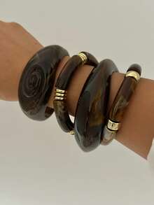 女士亚克力扎染糖果色不对称宽手镯 - 深棕色 - 查看 6