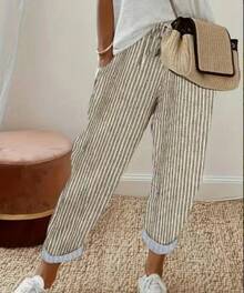 Valentine's Day 2026 Summer Women's Striped Casual Pants Loose Fit Elastic Waist Suitable For Christian Church Activities, Vacation, Beach, Daily Casual Wear, Etc - 藍色 - 查看 10