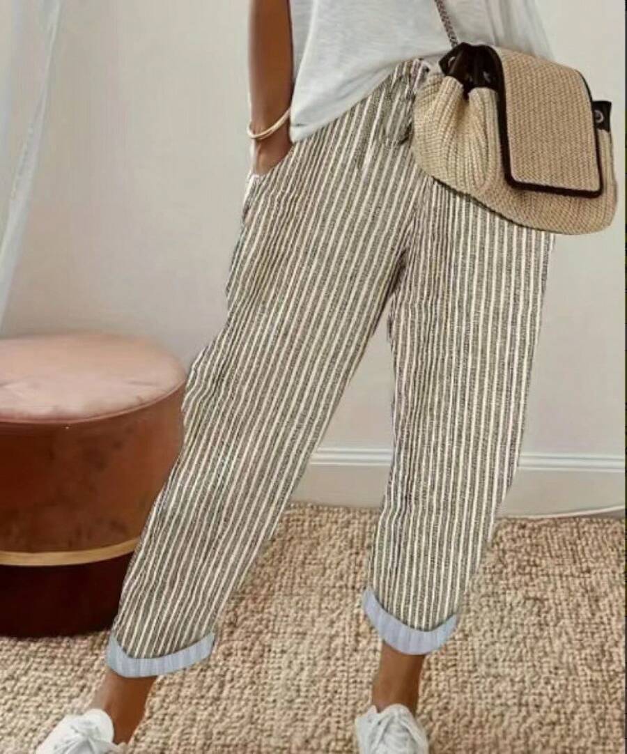 Valentine's Day 2026 Summer Women's Striped Casual Pants Loose Fit Elastic Waist Suitable For Christian Church Activities, Vacation, Beach, Daily Casual Wear, Etc - 卡其色 - 查看 1