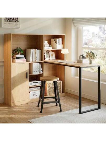 Computer Desk, Shelf Cabinet Work Natural Wood, 120cm view 2