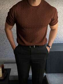 Men's Casual Short-Sleeve Solid Color Knit Top - Marrón - Ver 3