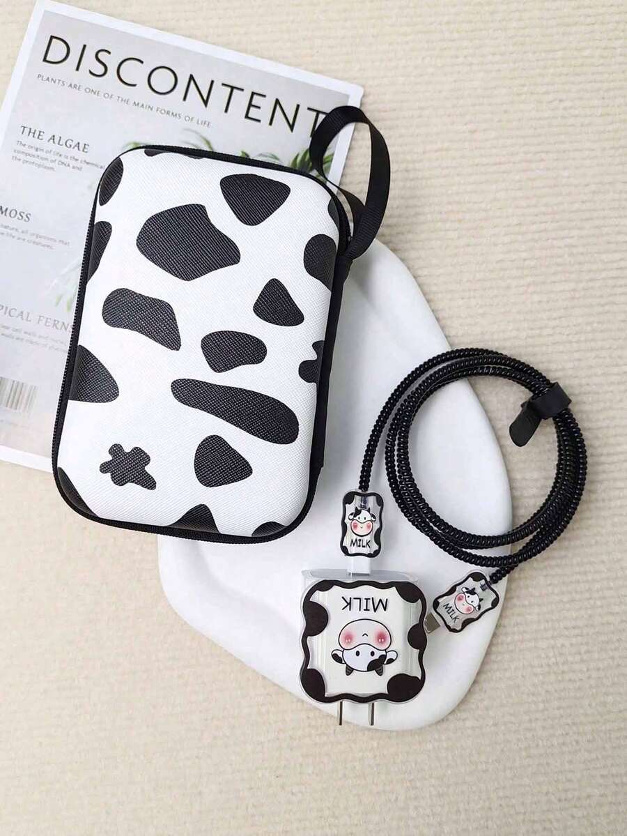 Set de 5 protectores de cable con estampado de vaca y 1 bolsa de almacenamiento organizadora de cables
