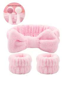 3pcs Women Headband & Wristband Set (Free Facial Cleansing Brush) - Solid Color Stretchy Bow Headband And Soft Facial Cleansing Wristband - Comfortable For Daily Wear, Ideal For Gentle Face Washing And Makeup - Multicolor - View 1