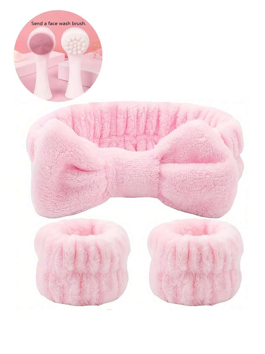 3pcs Women Headband & Wristband Set (Free Facial Cleansing Brush) - Solid Color Stretchy Bow Headband And Soft Facial Cleansing Wristband - Comfortable For Daily Wear, Ideal For Gentle Face Washing And Makeup - Multicolor - View 1