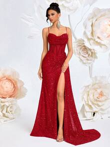 ADYCE Elegantes Maxikleid mit Spaghettiträgern, V-Ausschnitt, Pailletten, Mesh, hoher Taille, weitem Schnitt, hohem Schlitz, rückenfreiem Kreuzrücken und Bindung, geeignet für Abschlussball, Hochzeitsgast, Homecoming, Date Night, formelles Dinner, Geburtstagsfest, Feiertagsparty, Familientreffen, Valentinstag - Rot - Übersicht 1