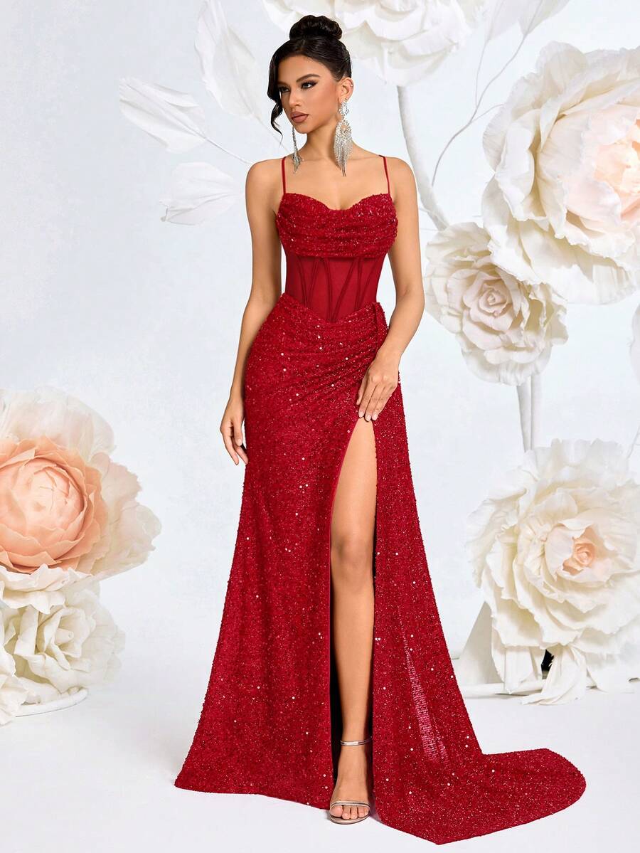 ADYCE Elegantes Maxikleid mit Spaghettiträgern, V-Ausschnitt, Pailletten, Mesh, hoher Taille, weitem Schnitt, hohem Schlitz, rückenfreiem Kreuzrücken und Bindung, geeignet für Abschlussball, Hochzeitsgast, Homecoming, Date Night, formelles Dinner, Geburtstagsfest, Feiertagsparty, Familientreffen, Valentinstag - Rot - Übersicht 1