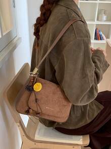 Large Capacity And Multi-Compartment! Suede Crossbody Square Bag, Retro Chain Design Essential For Autumn And Winter Outings - Brown - View 3