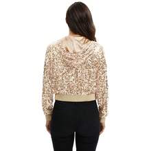 Women's Sequin Zip-Up Hooded Jacket With Ribbed Hem And Long Sleeves For Party Wear - Champagne - View 2