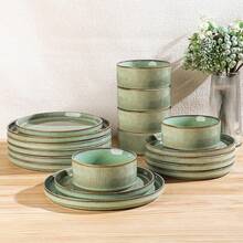 Stoneware Dinnerware Sets 4, Round Reactive Glaze Ceramic Plates And Bowls Set, Highly Scratch Resistant, Dishwasher & Microwave  Dishes Set, Service 4 (12 Pcs), Dark Green, Dinnerware, Modern Kitchenware - Green - View 1