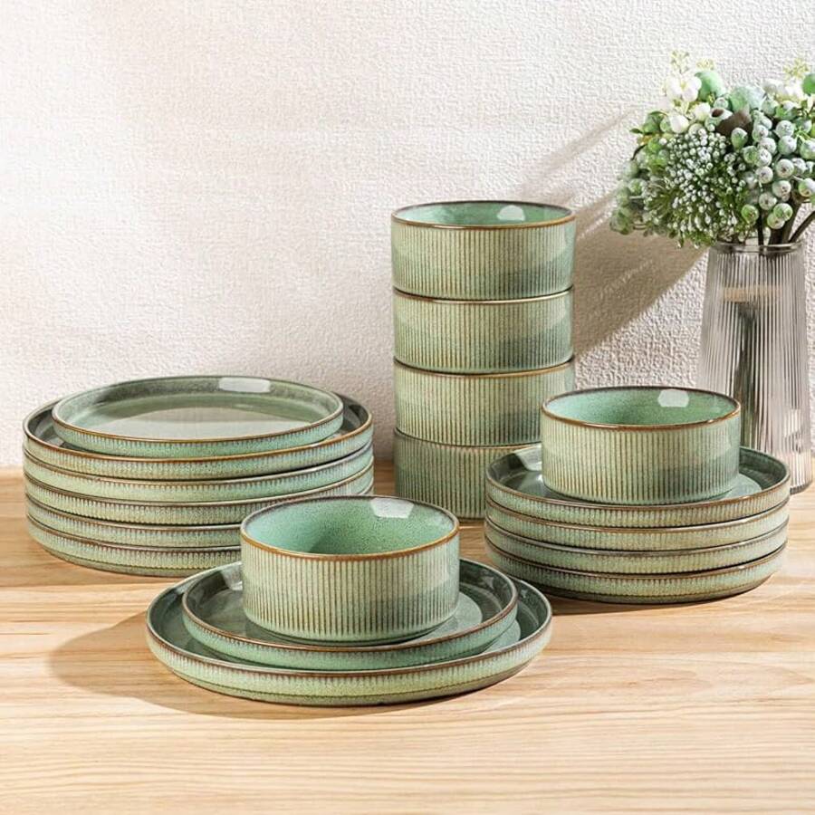Stoneware Dinnerware Sets 4, Round Reactive Glaze Ceramic Plates And Bowls Set, Highly Scratch Resistant, Dishwasher & Microwave  Dishes Set, Service 4 (12 Pcs), Dark Green, Dinnerware, Modern Kitchenware - Green - View 1