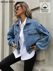 Mobula Sound# Versatile Casual Fashion Summer Middle Eastern Sexy Music Festival Casual Resort Fashionable Cool Lantern Sleeve Y2K Teenage Student Style Blue Denim Jacket For Women - Blue - View 9