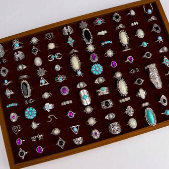 30/50件/套 复古波西米亚水钻女士戒指套装 时尚绿松石混搭风格人造宝石指环饰品 派对礼物配饰