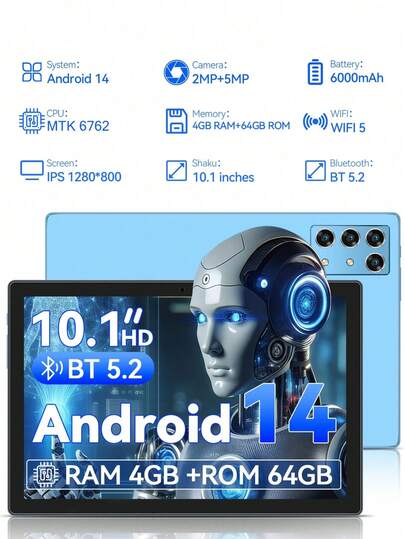 Qetupa (Sin soporte SIM) Tableta Android 14 de 10.1 pulgadas S3, 4GB RAM+64GB/128GB ROM, Procesador Quad-Core MTK 6762 de 1.3GHz, Pantalla táctil IPS HD (1280x800), Cámara frontal de 5MP y cámara trasera de 8MP, Batería de 6000mAh, WiFi 802.11ac de 2.4G+5G, BT 5.2, GPS, para lectura y juegos. Accede a entretenimiento desde cualquier lugar con un peso ligero.
