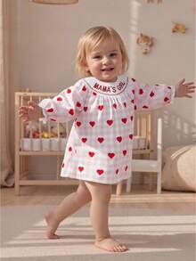 Toddler Girl Valentines Day Smocked Dress Mamas Girl Embroidery Plaid Heart Print Long Sleeve Princess Dress Kids Spring Outfit - 紅色 - 查看 4