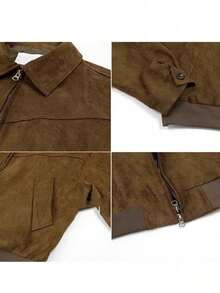 Men's High-Street Suede Short Jacket Spring Autumn Zip-Up Lapel Flight Jacket Korean Style Casual Outerwear For Daily Wear - màu nâu - Xem 4