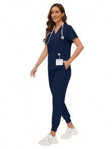 Surgical Uniforms Woman Scrub Set Nurse Beauty Salon Workwear Clinical Scrubs Top Pants Sets Spa Doctor Nursing Clinical Suit - Màu xanh hải quân - Xem 7