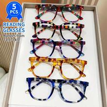 5 PCS Colorful Pattern Reading Glasses For Women Men, Oversized Square Readers With Spring Hinges, Fashion Print  (+1.00 To +4.00) - 彩色 - 查看 13