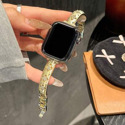 1 pieza Compatible con la pulsera del , pulsera de metal dorado delgado compatible con el para mujeres - Patrón geométrico de talla calada con flores y rhinestones, correa ajustable sin herramientas, regalo para ella, compatible con Apple Watch 38/40/41/42/44/45/49/46 mm, compatible con Apple Watch Ultra3/2/1/Se/S10 9/8/7/6/5/4/3/2/1, accesorios de , joyería de moda para todas las estaciones