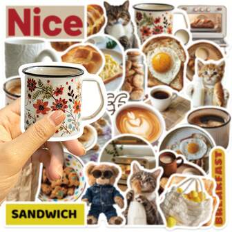 30pcs Warm Wind Teddy Bear & Bread Doodle Sticker Pack, Decorative For Scrapbooking, Phone Case, Laptop, Waterproof