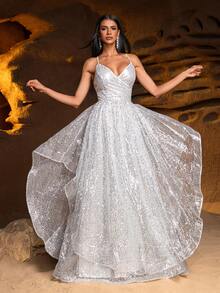 Faeriesty 优雅闪亮亮片正式派对礼服，深V领，交叉露背肩带，多层A字裙——是婚礼、盛会、派对和正式招待会的理想选择。 - 銀色 - 查看 6