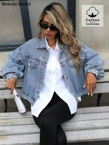 Mobula Sound# 百搭休闲时尚夏季，性感音乐节风格，轻松假日时尚，酷炫 Y2K 美学，年轻女性灯笼袖蓝色牛仔夹克 - 藏蓝色 - 查看 8