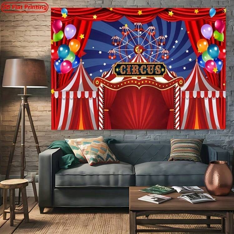 Banner plano 2D com circo, tenda vermelha, parque de diversões, roda-gigante e balões coloridos. Fundo fotográfico em fibra de poliéster para festas. - 1 item - Ver 5