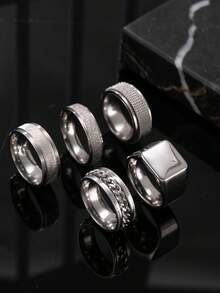 5pcs Stainless Steel Men's Ring Set, Including Single Chain, Matte Finish, Anxiety Relief Rings, Suitable For Men & Women, Daily Wear, Holiday, Date Gift Jewelry - Grey - View 20