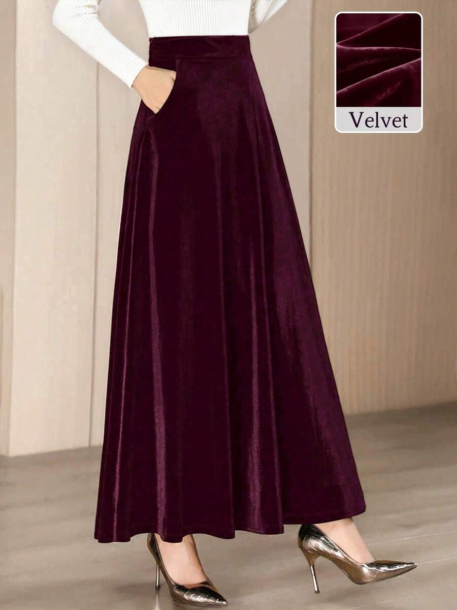 Women's Elegant Velvet A-Line Skirt, Autumn/Winter - Red Violet - View 1