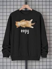 Sudadera Casual de Manga Larga para Hombre - Estilo Urbano, Cuello Redondo, con Estampado de Gato Negro y Texto 'Eep'.Fabricada en 100% de Tejido Lavable a Máquina, Diseñada para Comodidad Diaria y un Corte Entallado. - Oscuro - Ver 1